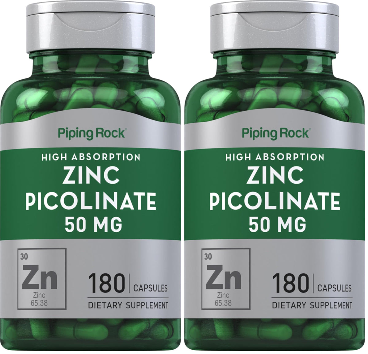 Piping Rock Zinc Picolinate 50mg bottle with easy-to-swallow capsules.