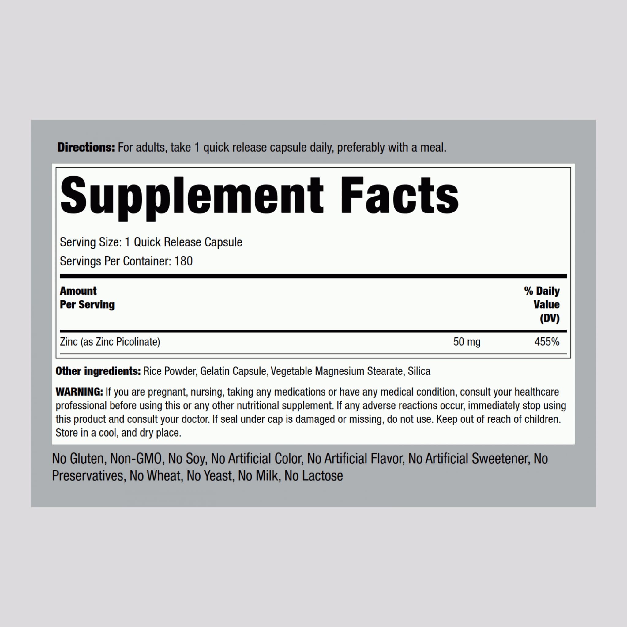 Piping Rock Zinc Picolinate capsules shown for daily supplement routine.