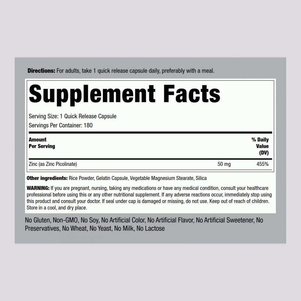 Piping Rock Zinc Picolinate capsules shown for daily supplement routine.