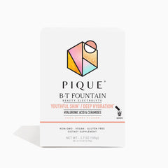 PIQUE BT Fountain beauty electrolyte packet front view for daily hydration on the go.