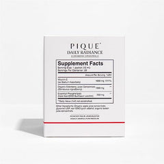 PIQUE daily-radiance-packets on counter offer convenient 10 mL servings.