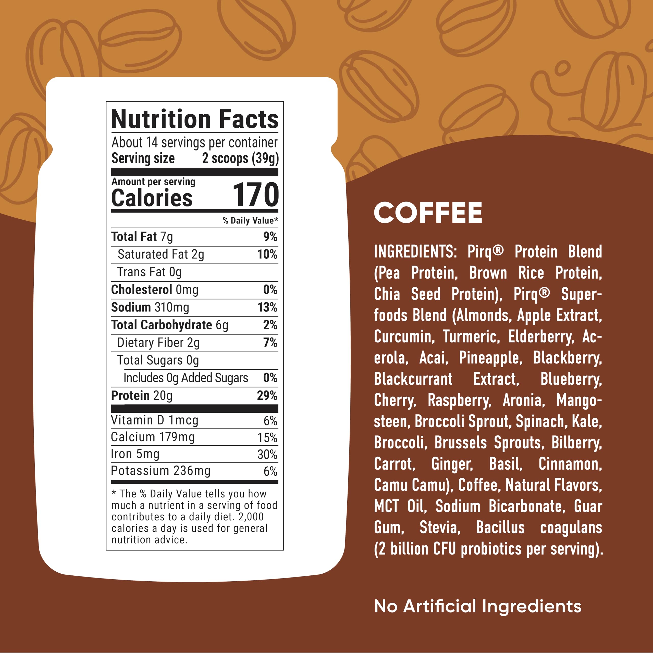 Pirq protein powder ingredients blend shows 25 superfoods and plant protein mix.