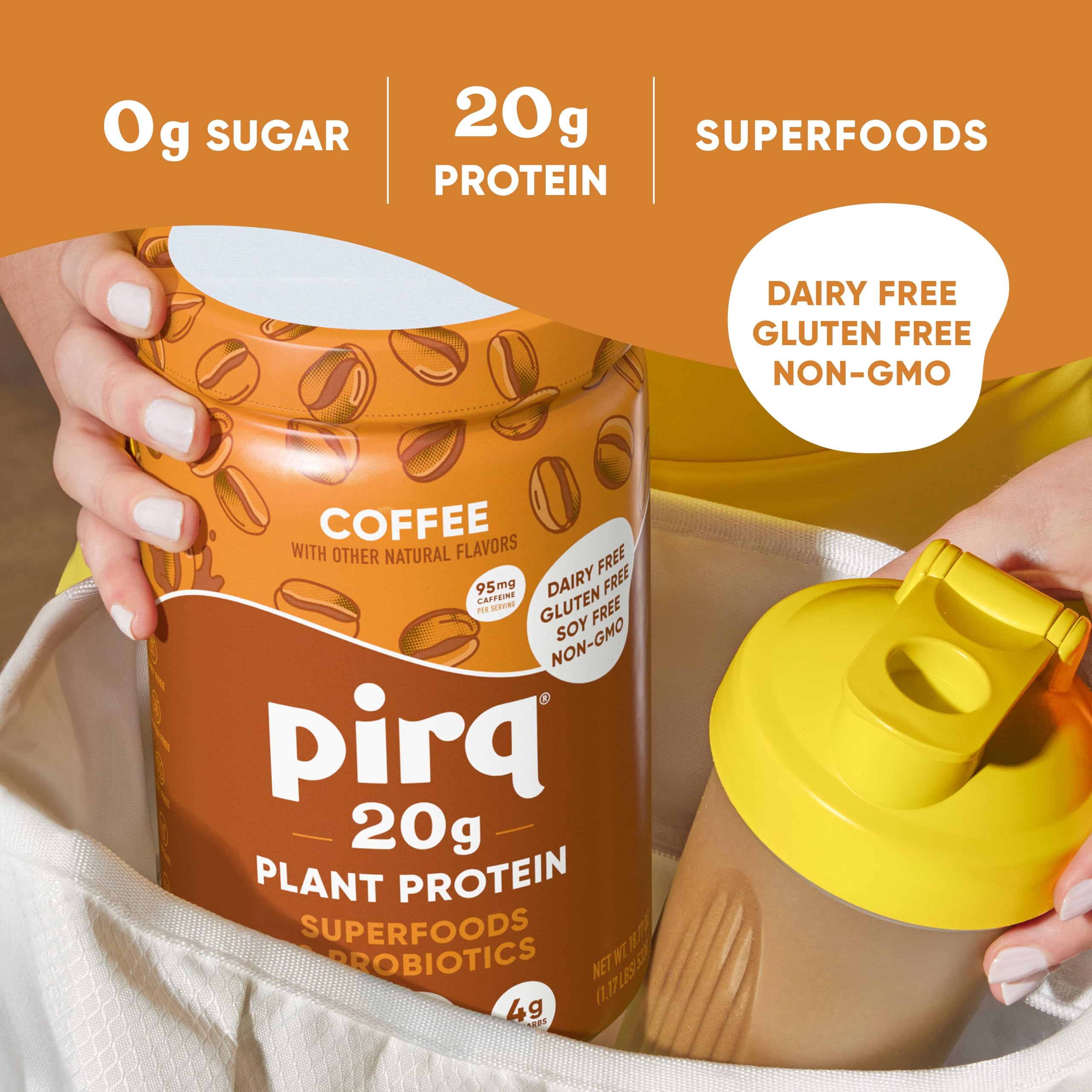 Pirq Dairy Free Protein Powder with 2B CFU probiotics for digestive support.
