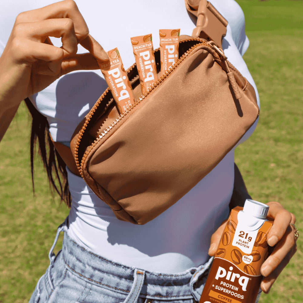 Pirq Hydration Peach Tea ingredients panel highlighting electrolytes and curcumin.