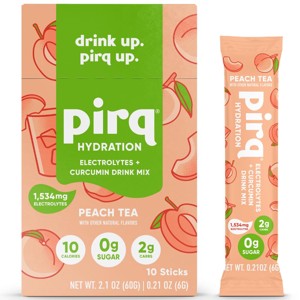 Pirq Hydration Peach Tea packet front view for portable hydration.