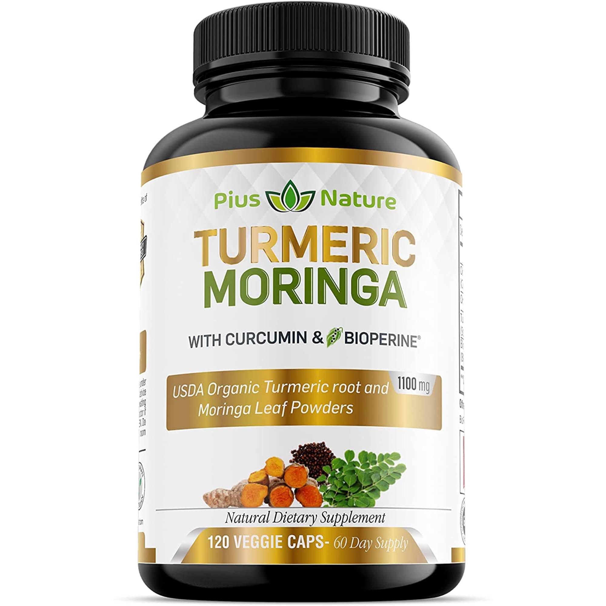 PIUS NATURE Turmeric Moringa bottle front view for daily wellness support.