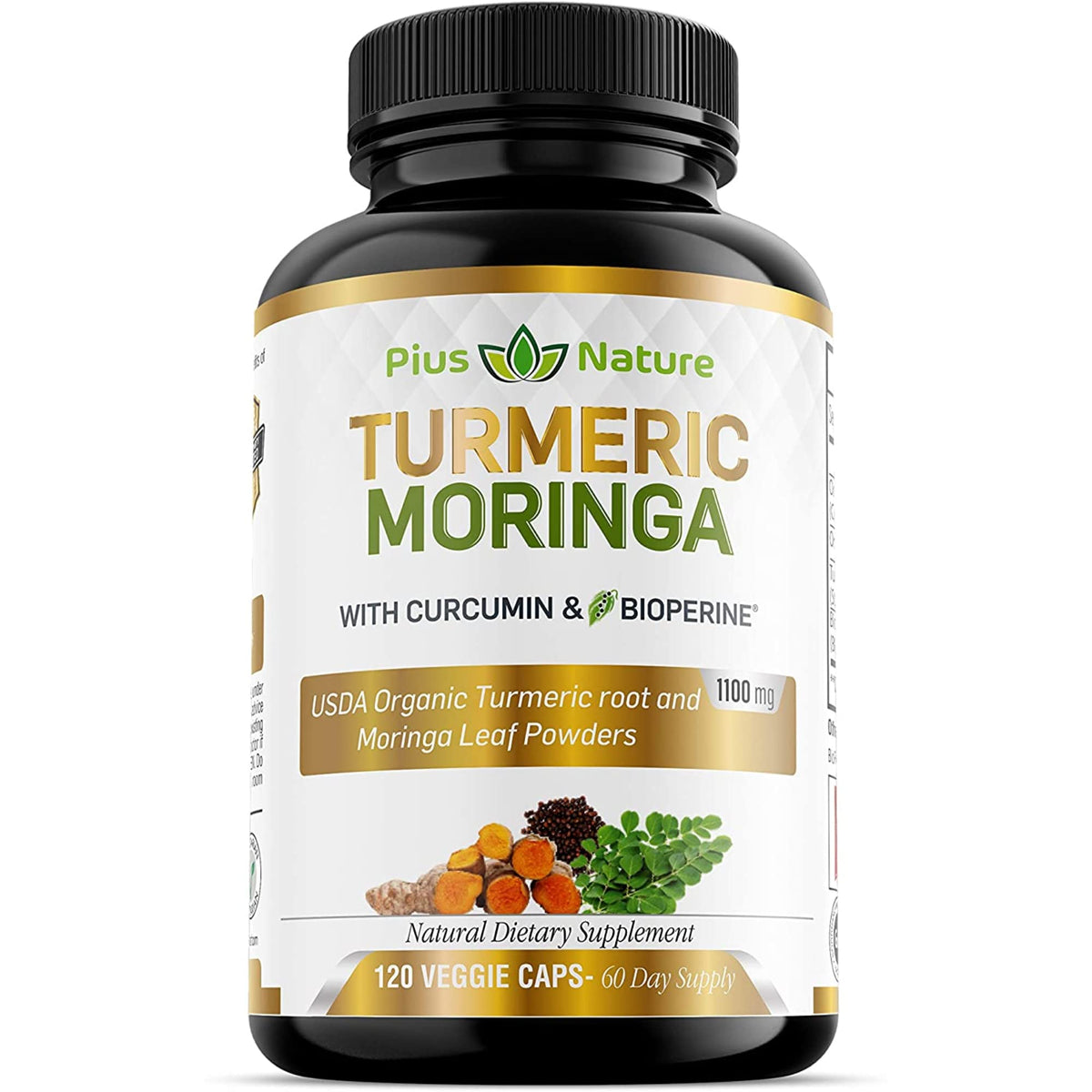 PIUS NATURE Turmeric Moringa bottle front view for daily wellness support.