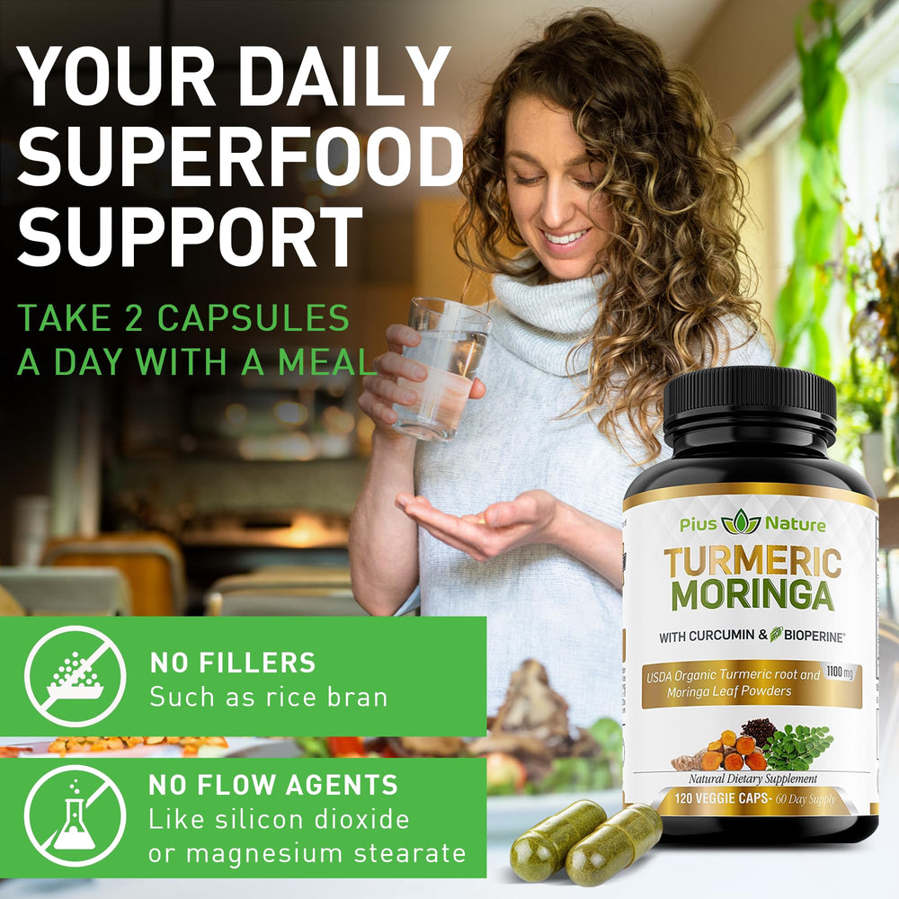 PIUS NATURE Turmeric Moringa bottle label emphasizes BioPerine for absorption.