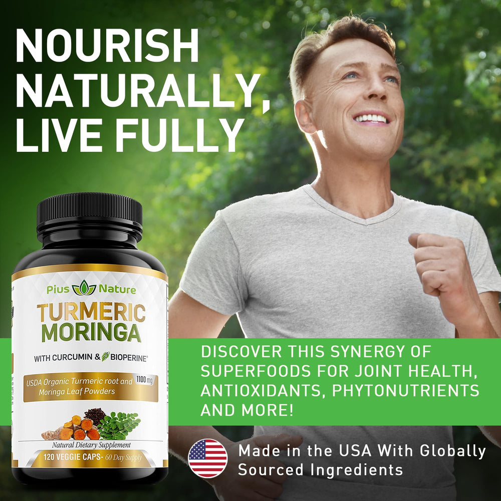 PIUS NATURE Turmeric Moringa capsules close-up highlighting 1100 mg per serving.