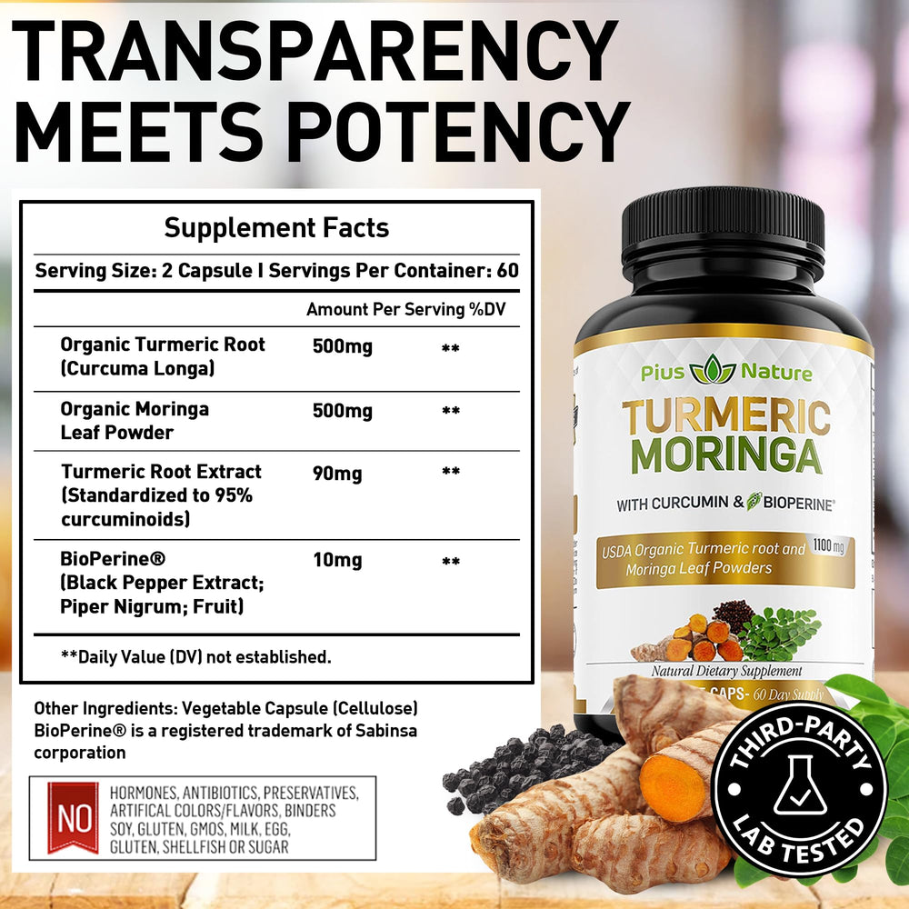 PIUS NATURE Turmeric Moringa on kitchen counter for daily routines.