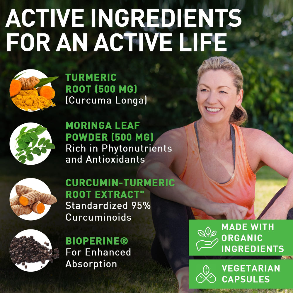 PIUS NATURE Turmeric Moringa powder blend with 95% curcuminoids and nutrients.