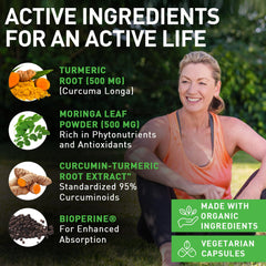PIUS NATURE Turmeric Moringa powder blend with 95% curcuminoids and nutrients.