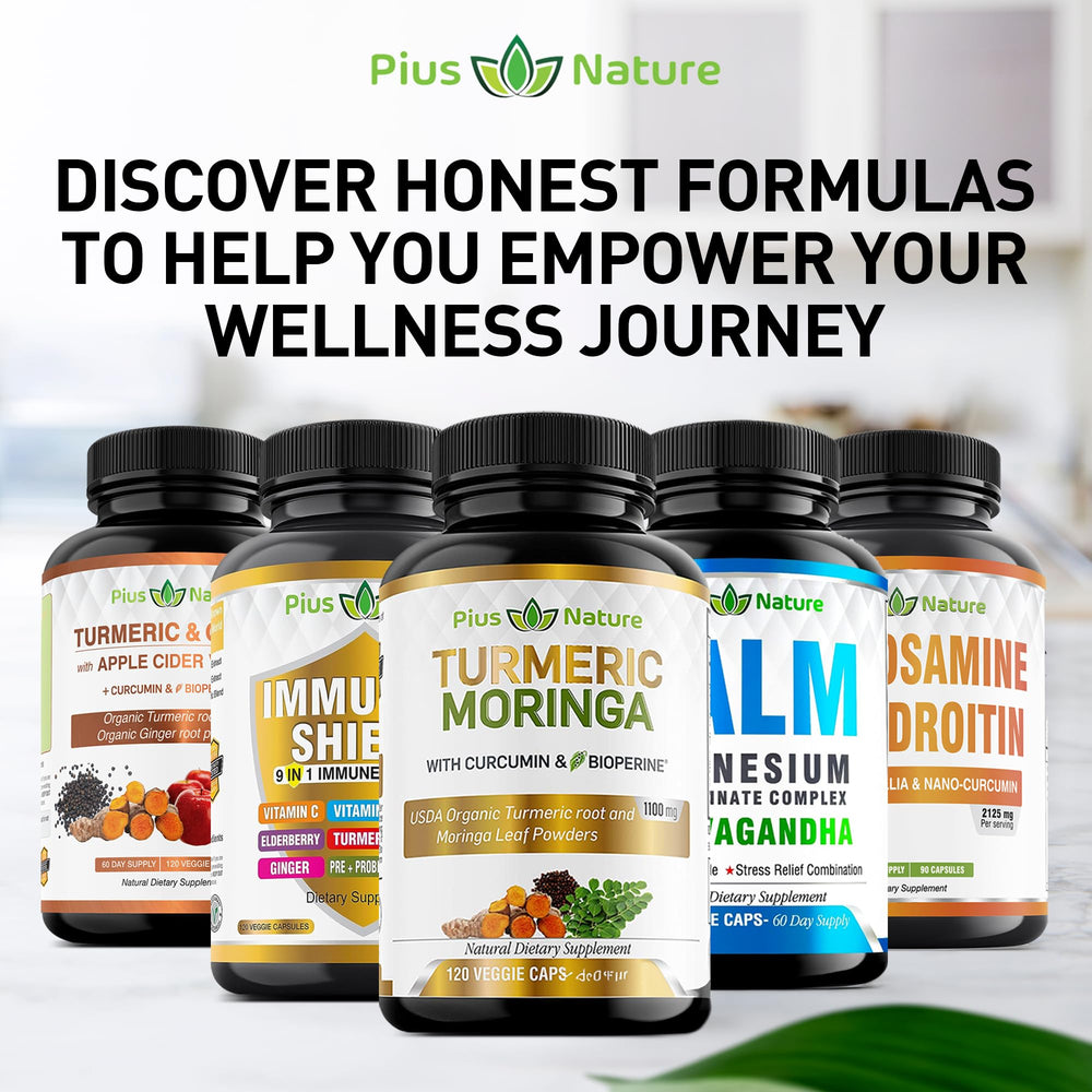 PIUS NATURE Turmeric Moringa bottle beside spoon and powder sachets.