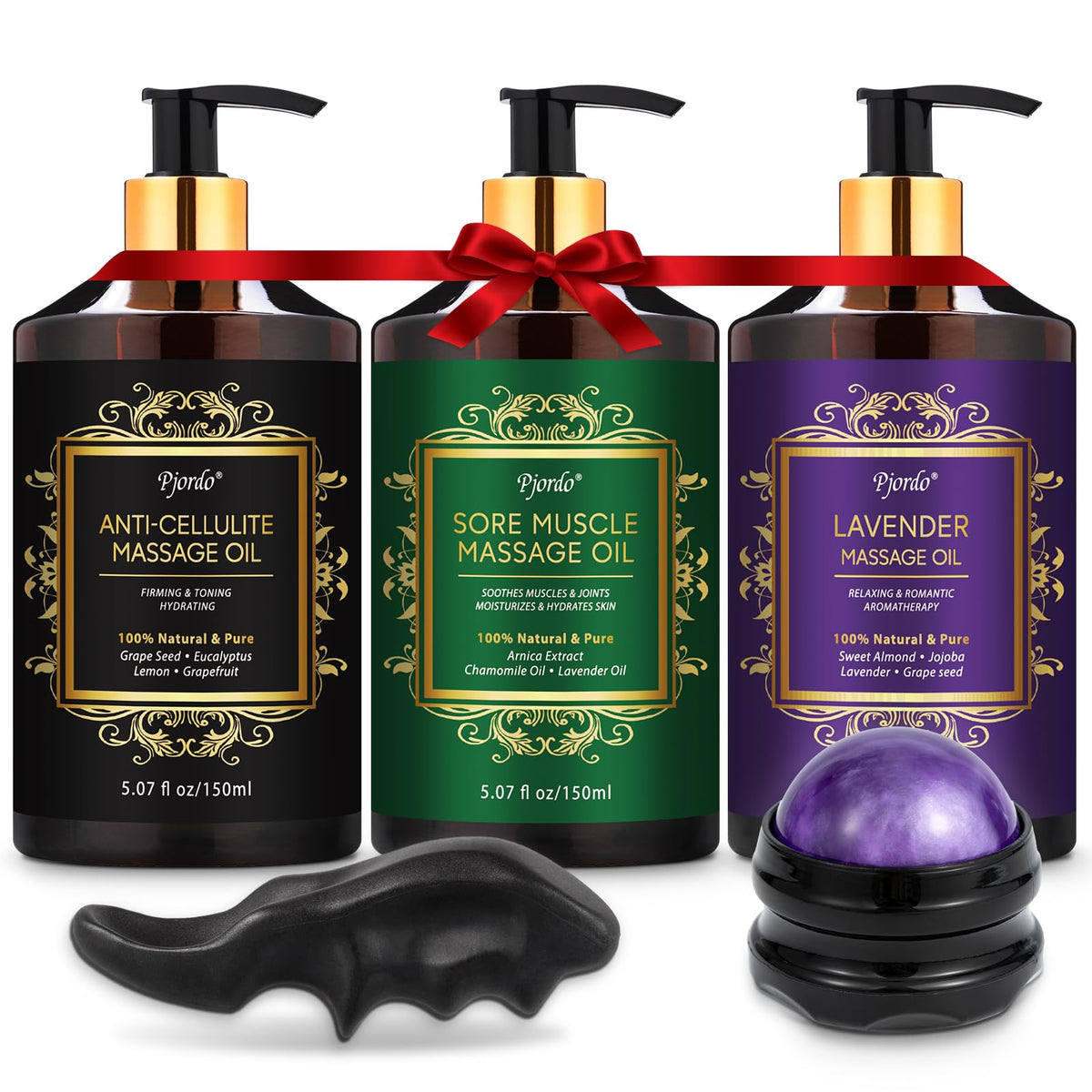Pjordo 3-pack massage oil bottles for home massage routines.