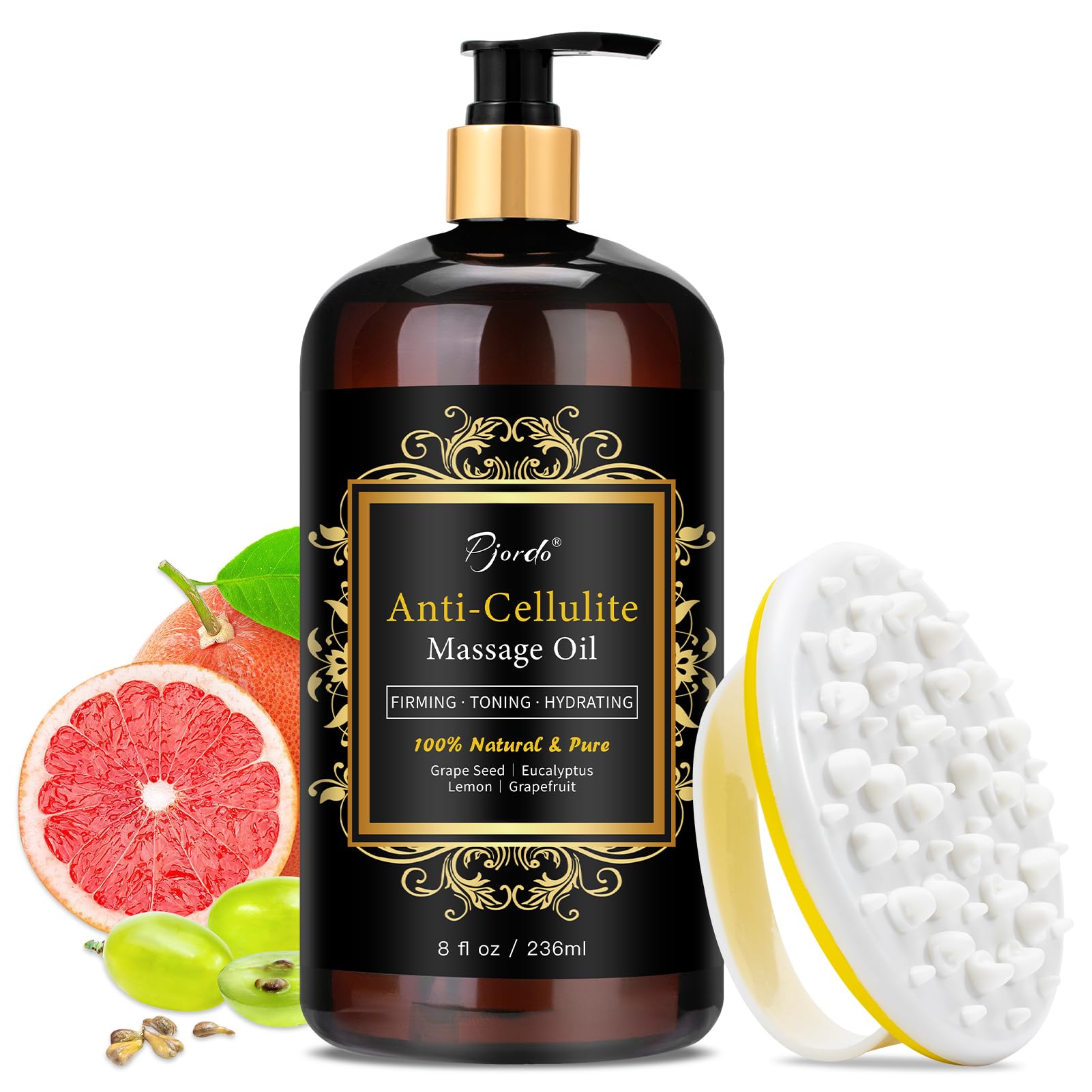 Pjordo anti cellulite oil bottle showcasing natural ingredients for smoother skin texture.