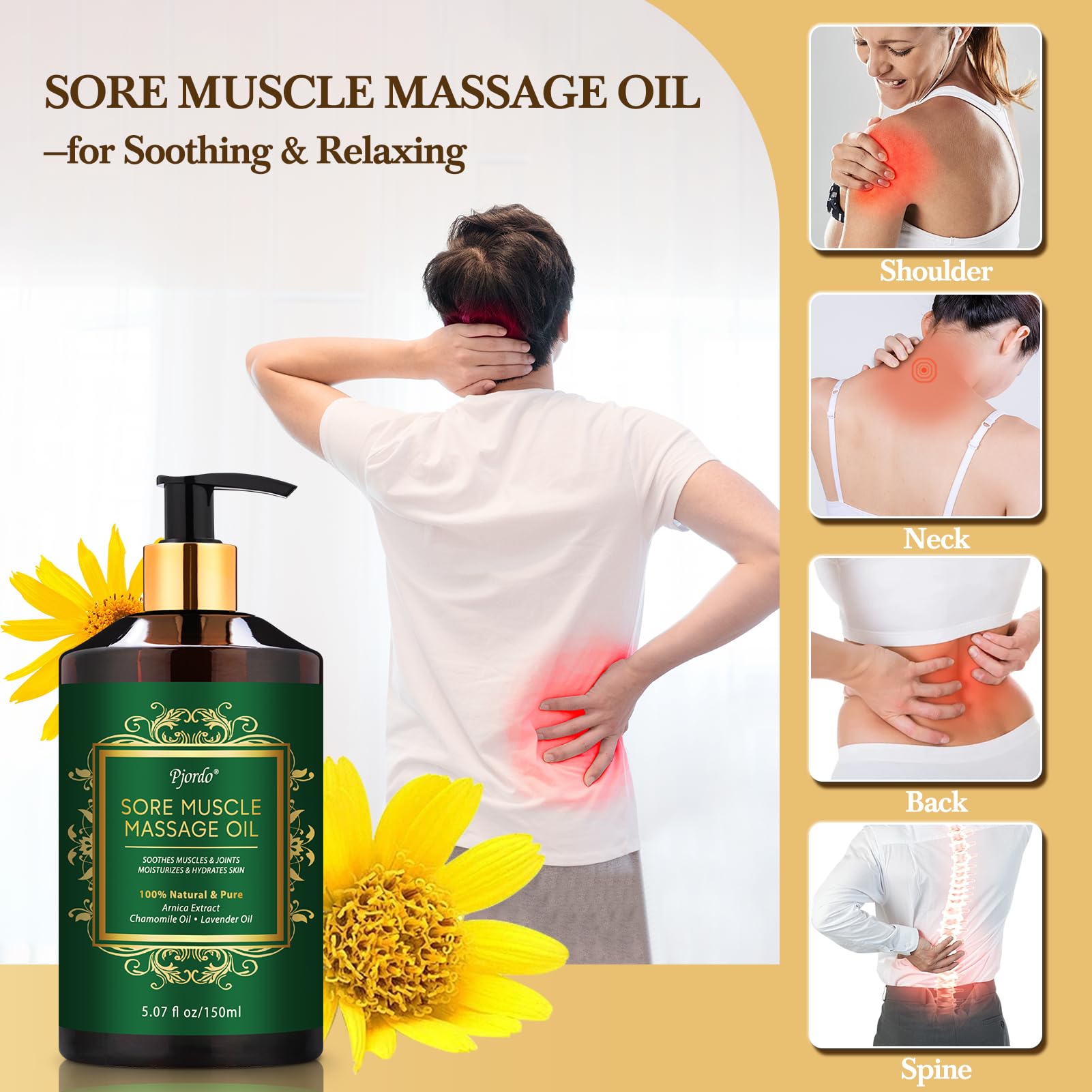 Pjordo Arnica Oil Bottle for natural sore muscle relief sessions.
