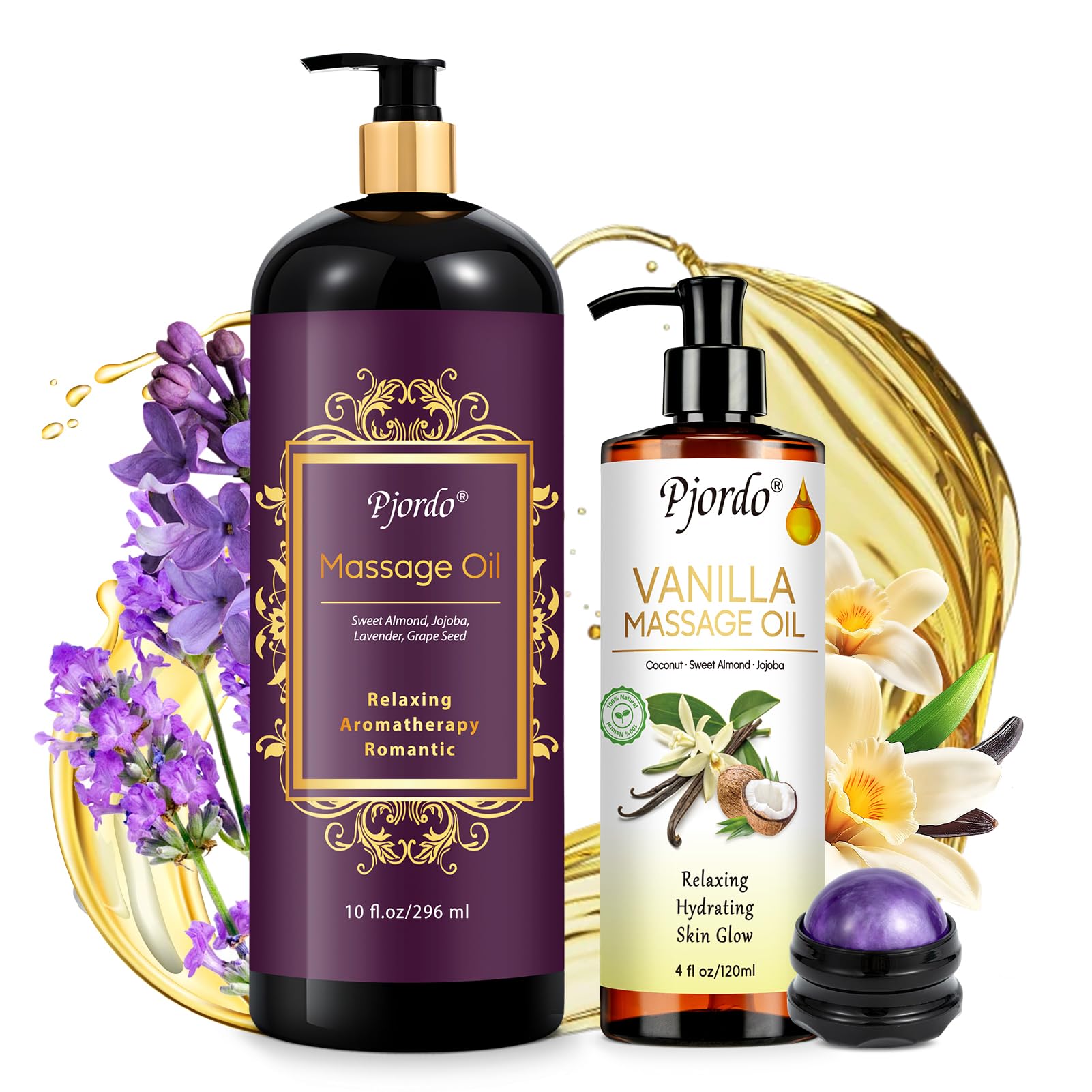 Pjordo vanilla massage oil bottle for deep skin nourishment and relaxing aroma.