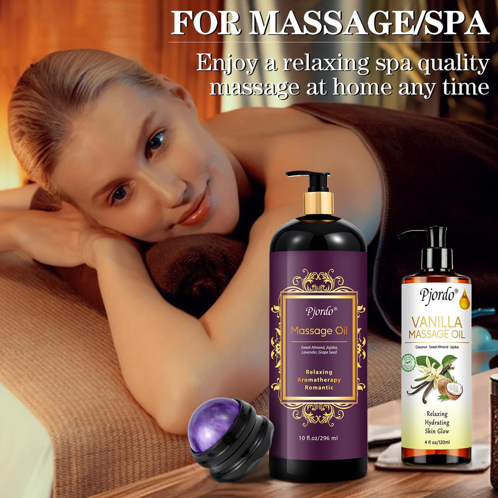 Pjordo romantic home spa setup featuring the massage oil kit.