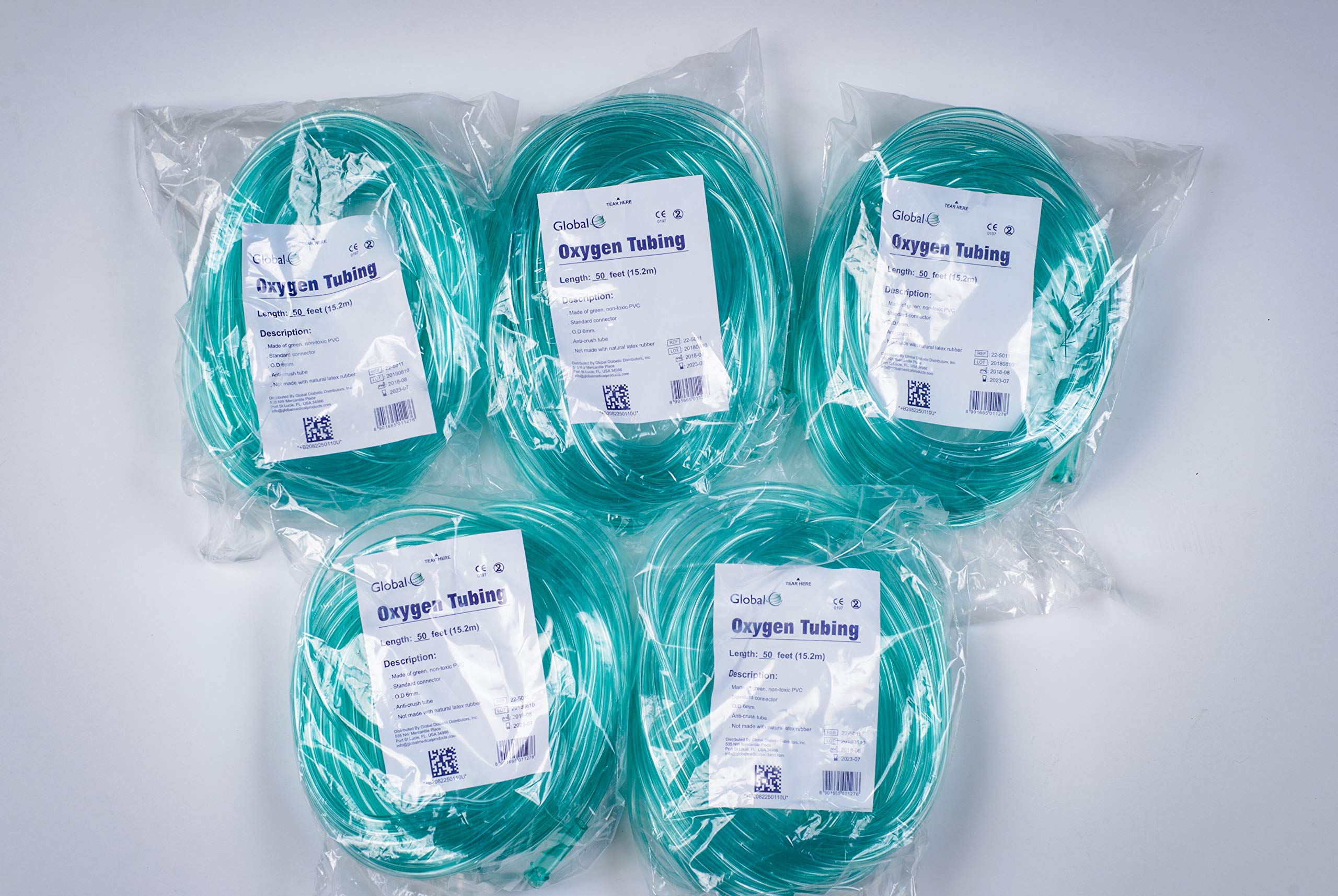 PK Global green oxygen tubing, 50 ft, 5-pack, high visibility to help prevent trips.