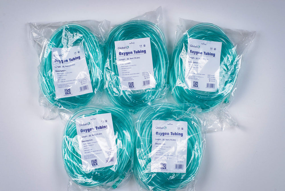 PK Global green oxygen tubing, 50 ft, 5-pack, high visibility to help prevent trips.