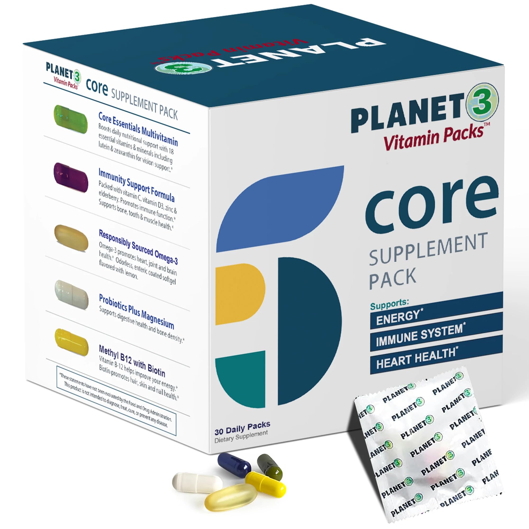 Planet 3 Daily Vitamin Packs box shows convenient all-in-one daily wellness for adults.