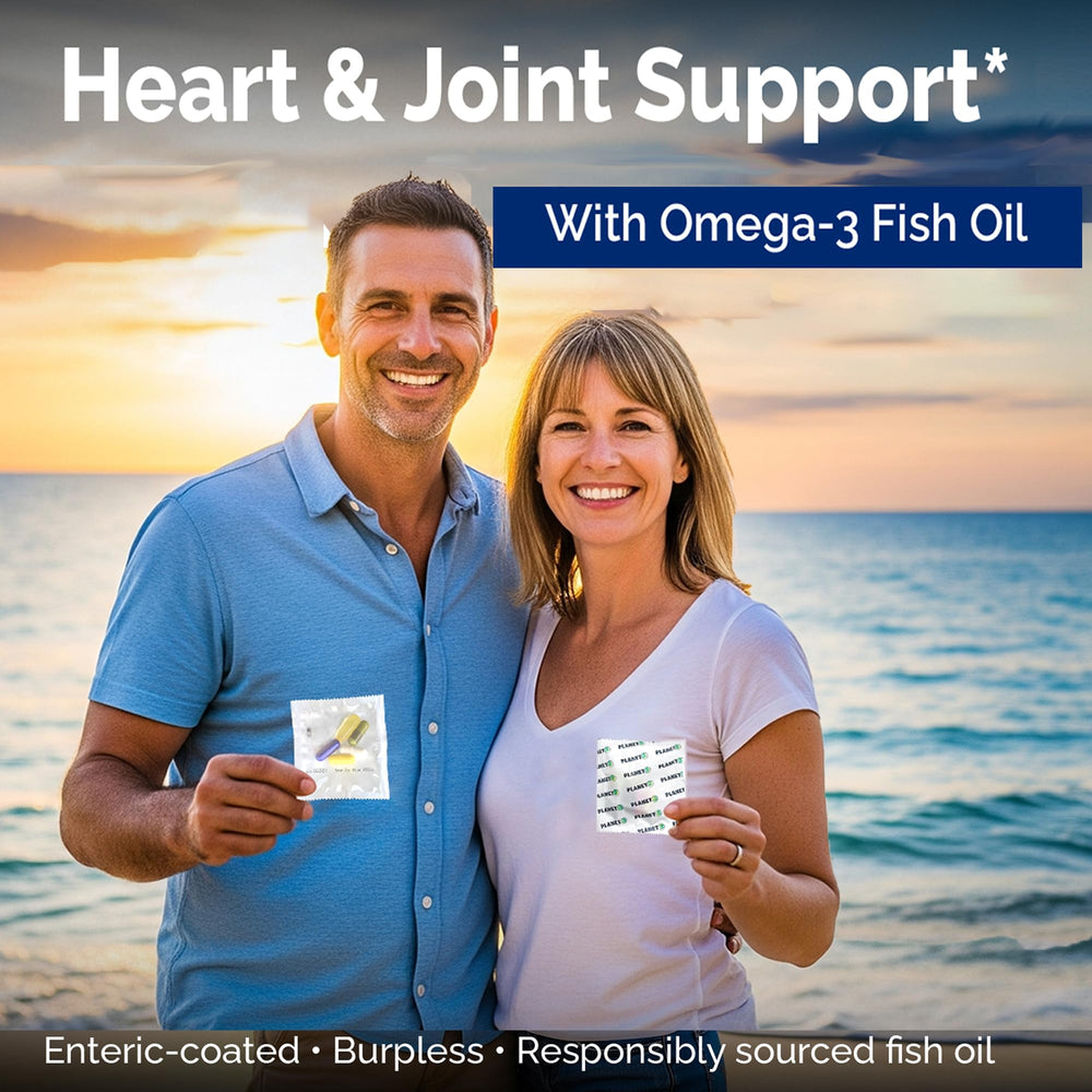 Planet 3 Daily Vitamin Packs omega-3 softgels close-up for heart health support.