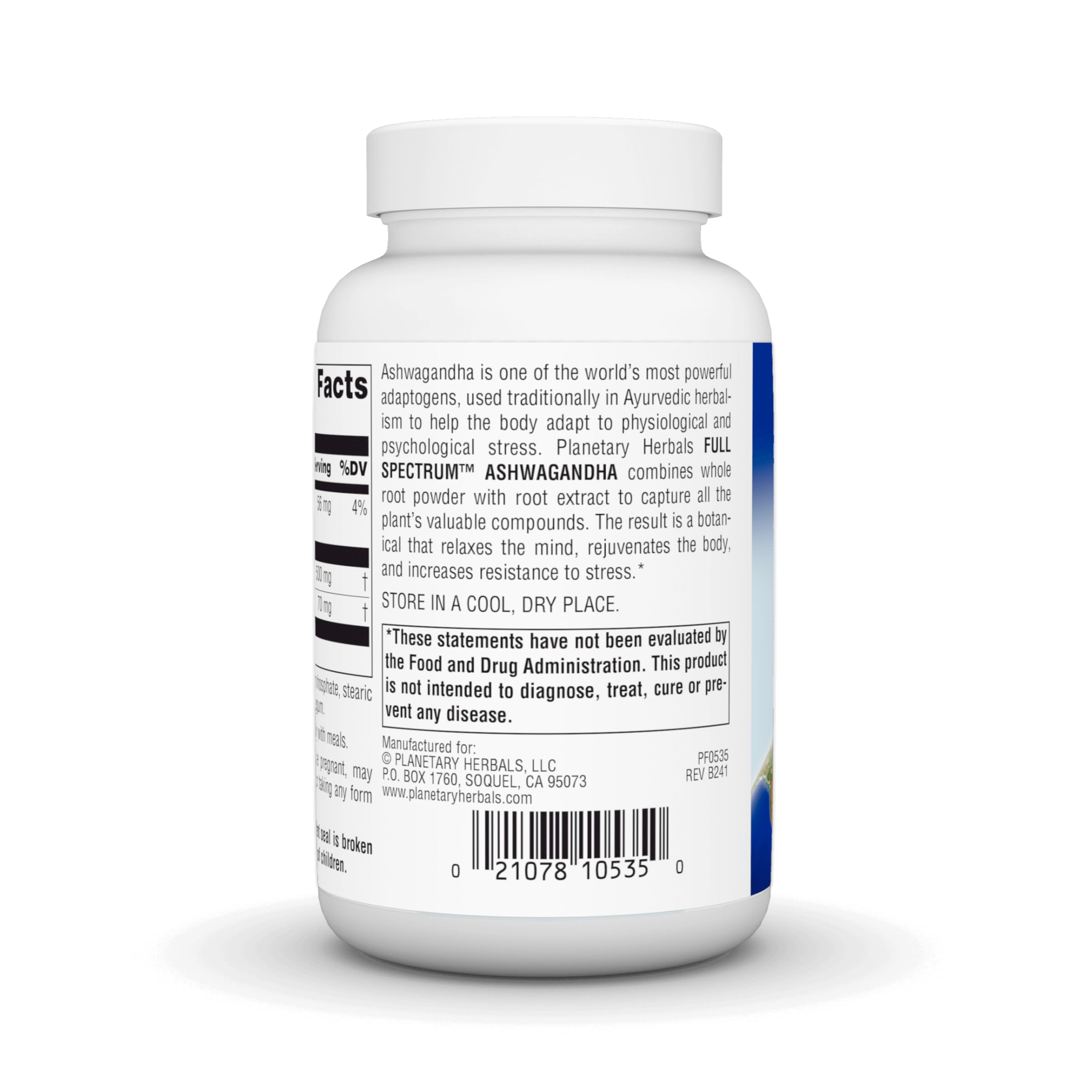 Planetary Herbals Ashwagandha Full Spectrum 570 mg bottle close-up label showing full spectrum extract.