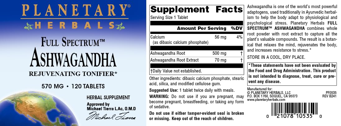 Planetary Herbals Ashwagandha Full Spectrum 570 mg packaging box with earthy branding.