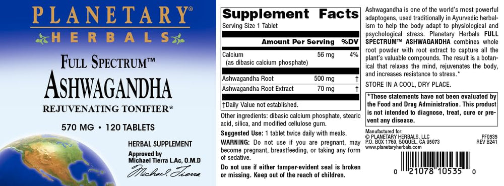 Planetary Herbals Ashwagandha Full Spectrum 570 mg packaging box with earthy branding.