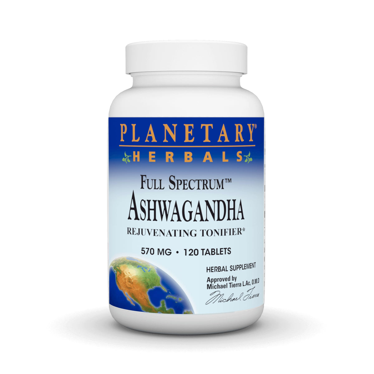 Planetary Herbals Ashwagandha Full Spectrum 570 mg tablet front, compact daily adaptogen for resilience.