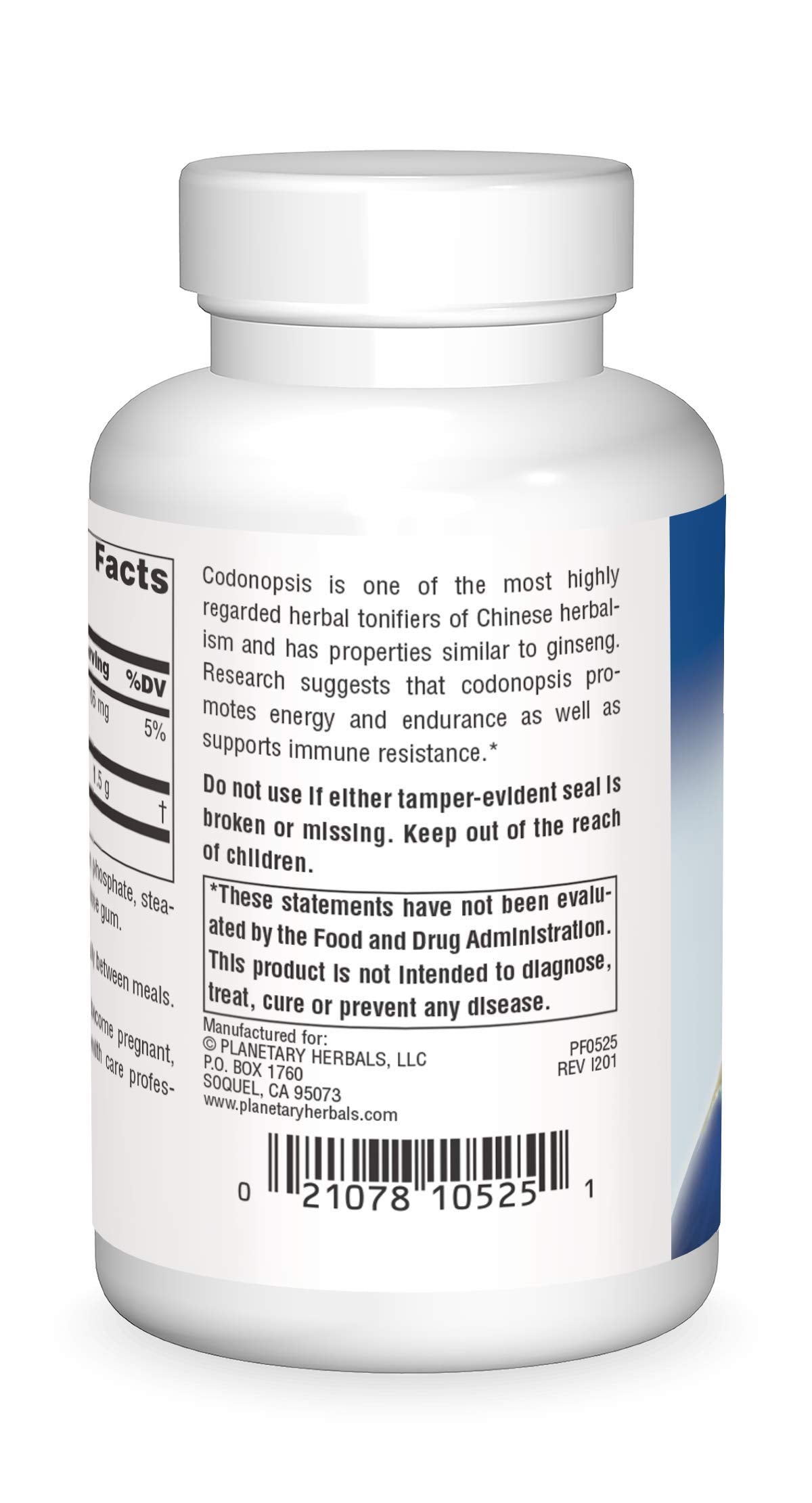 Planetary Herbals Codonopsis label close-up on bottle, highlighting immune resistance benefits.