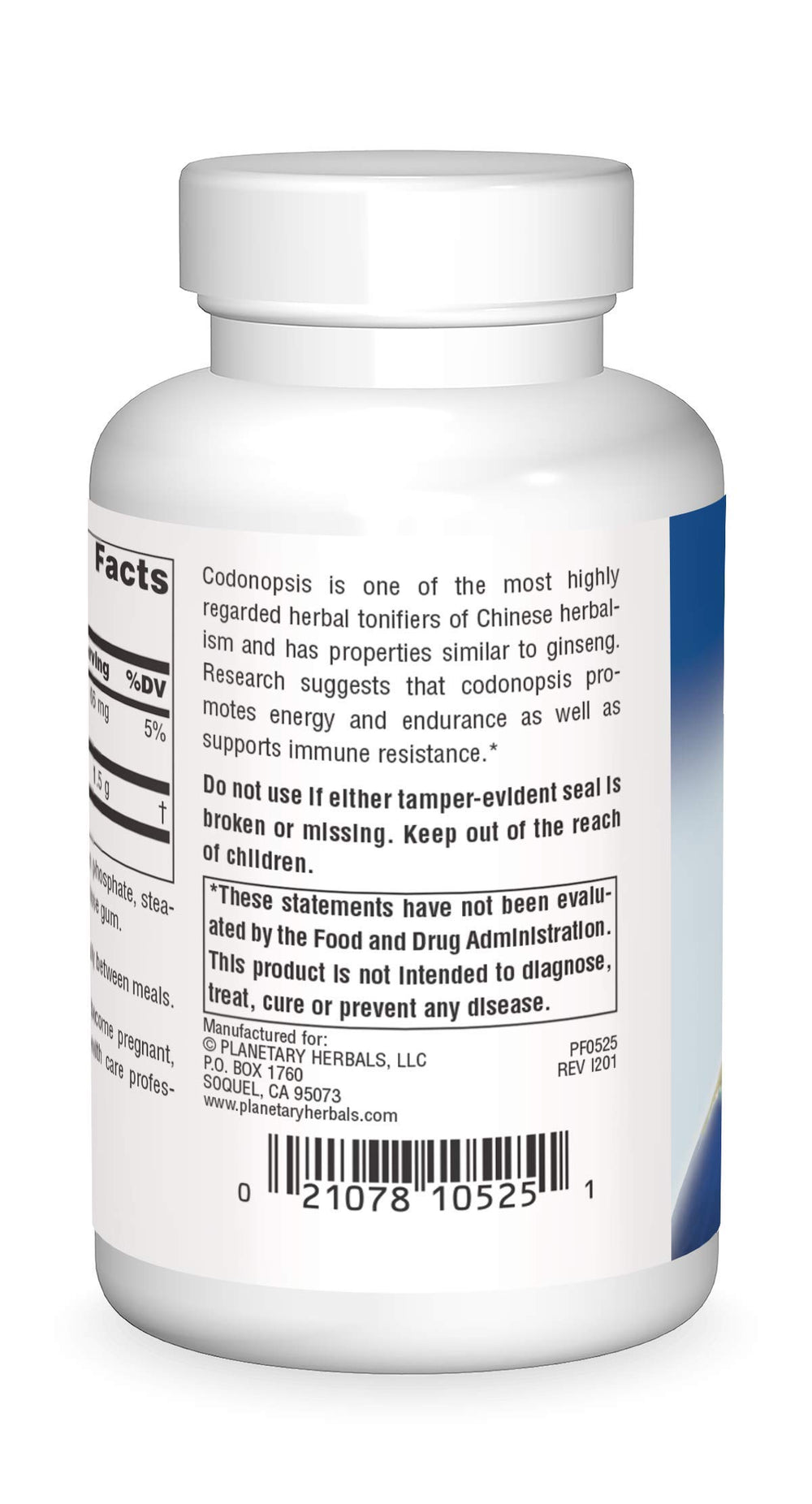 Planetary Herbals Codonopsis label close-up on bottle, highlighting immune resistance benefits.