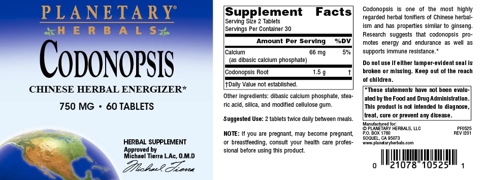 Planetary Herbals Codonopsis bottle side view showing label consistency and dosage.