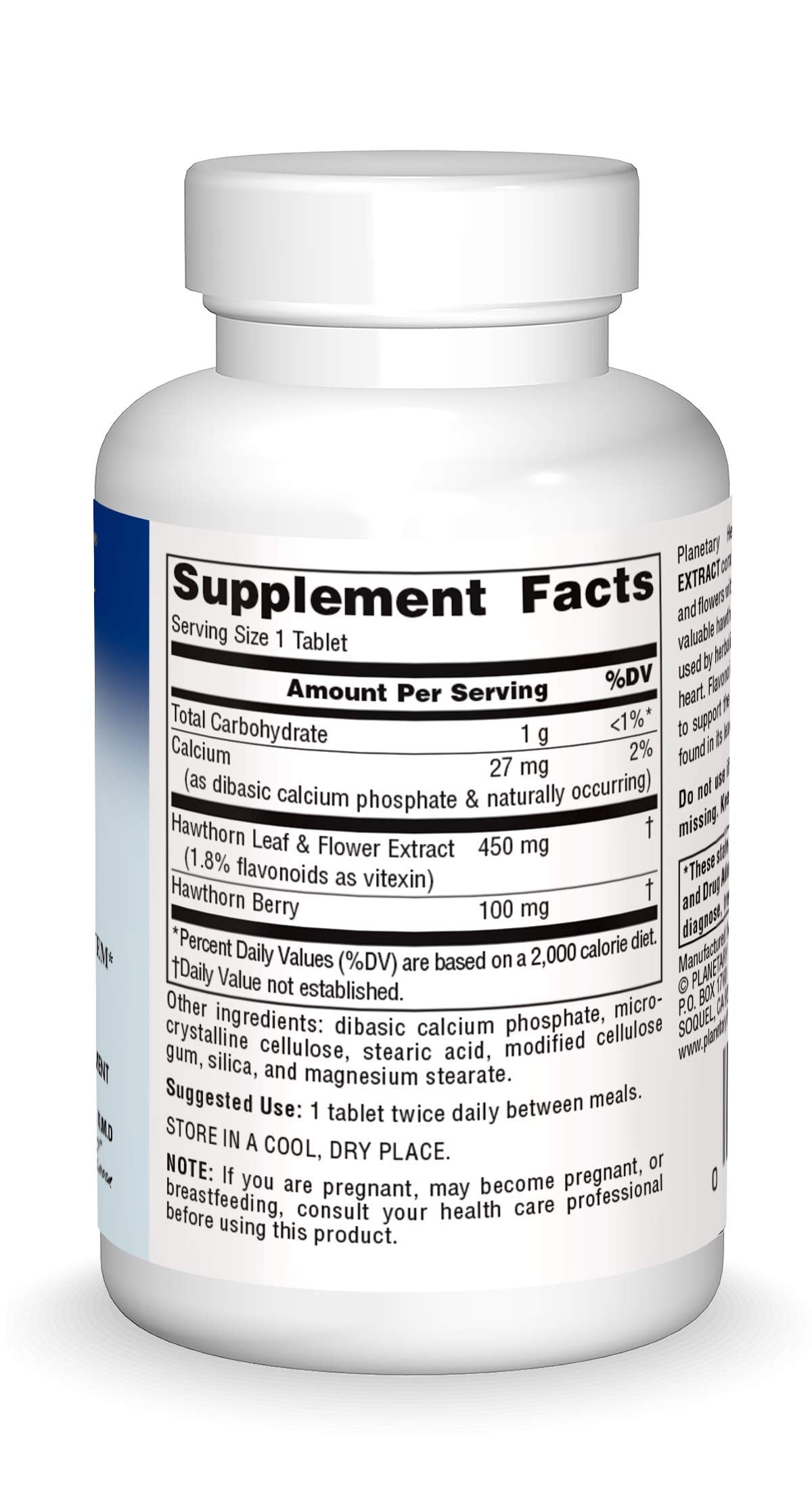 Planetary Herbals hawthorn extract tablets closeup emphasizing flavonoids and procyanidins.