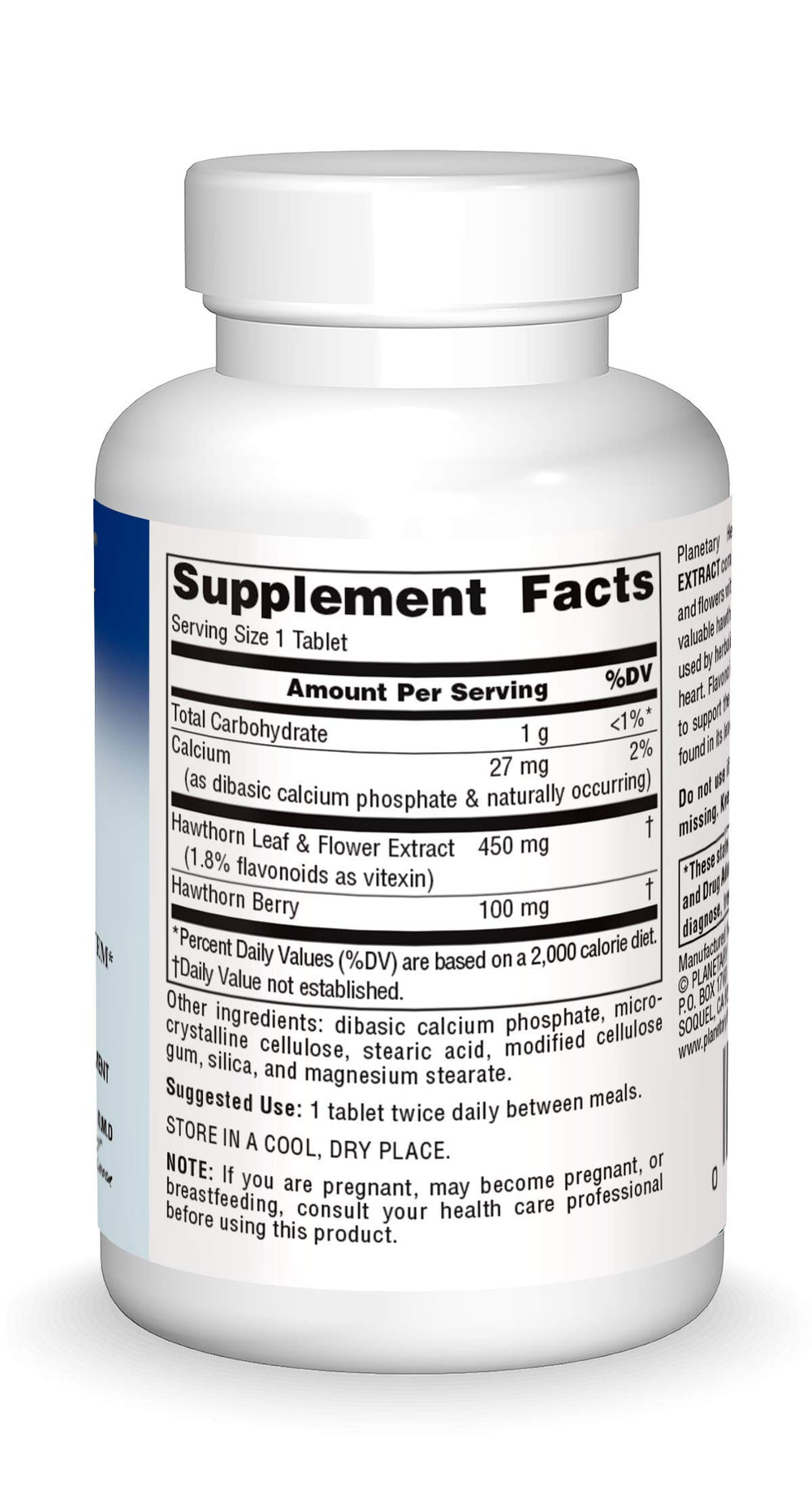 Planetary Herbals hawthorn extract tablets closeup emphasizing flavonoids and procyanidins.