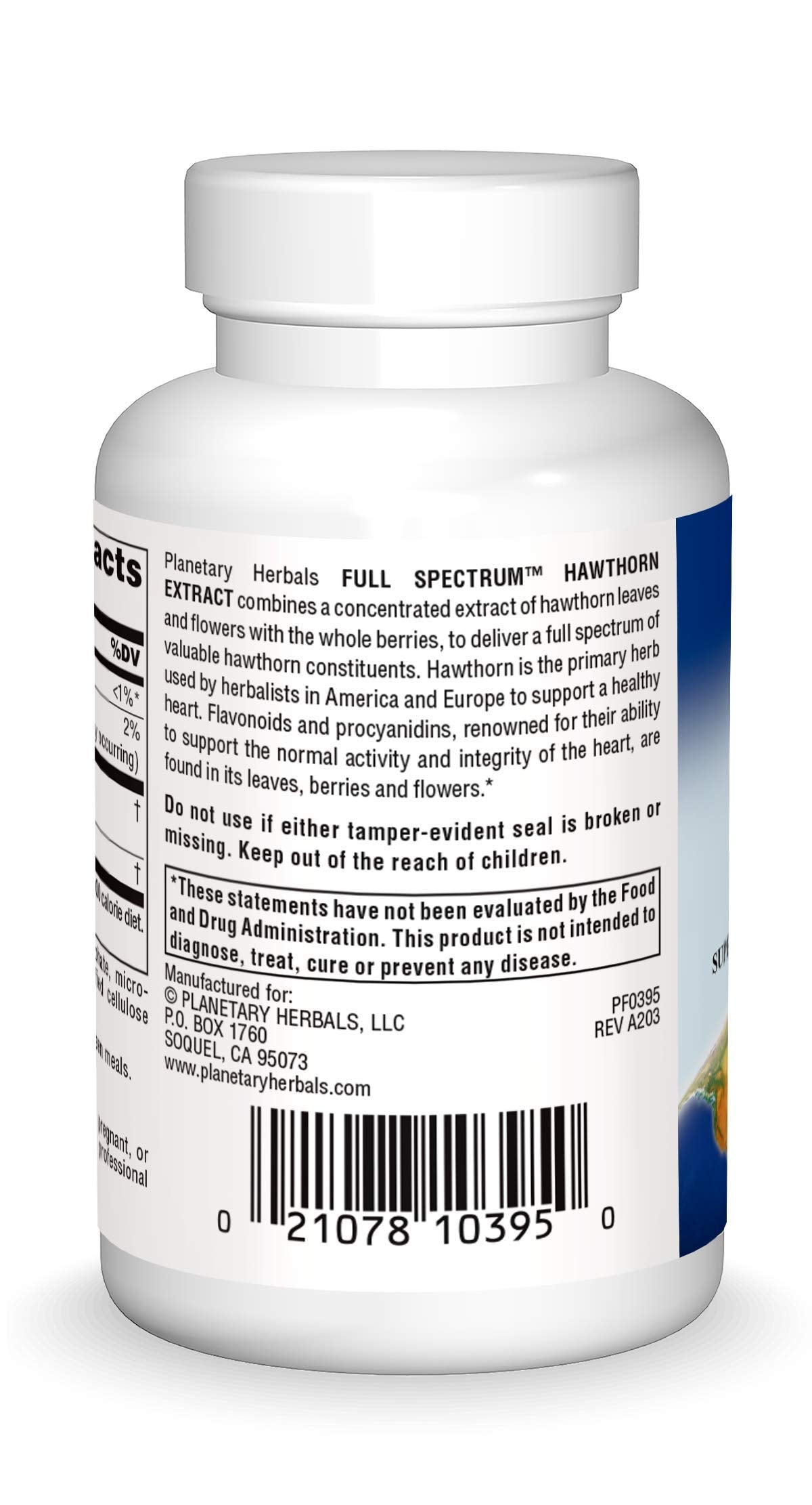 Planetary Herbals hawthorn extract tablets label highlighting leaves, berries and flowers for full spectrum content.