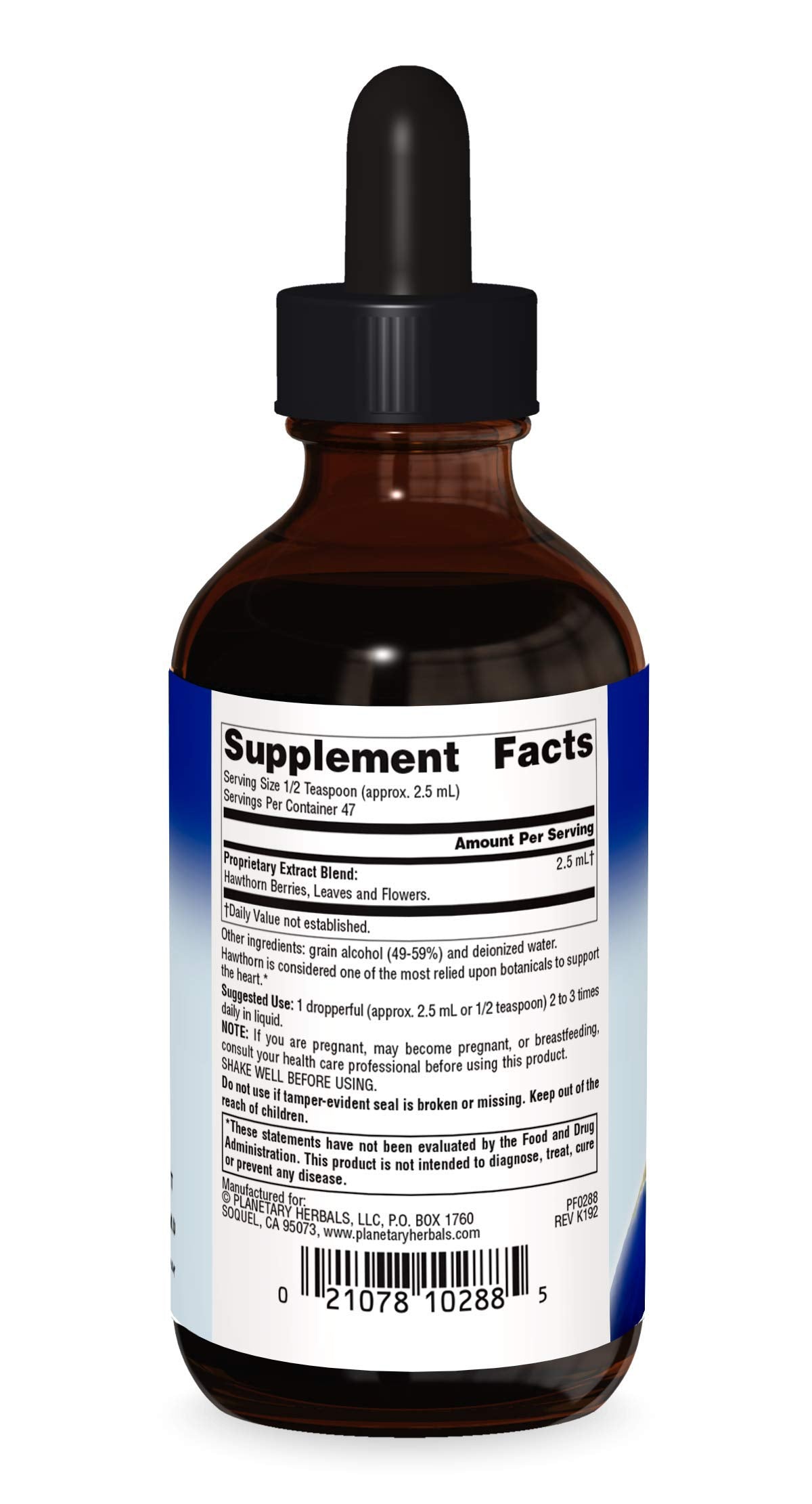 Planetary Herbals Hawthorn liquid extract label close-up showing full spectrum ingredients.