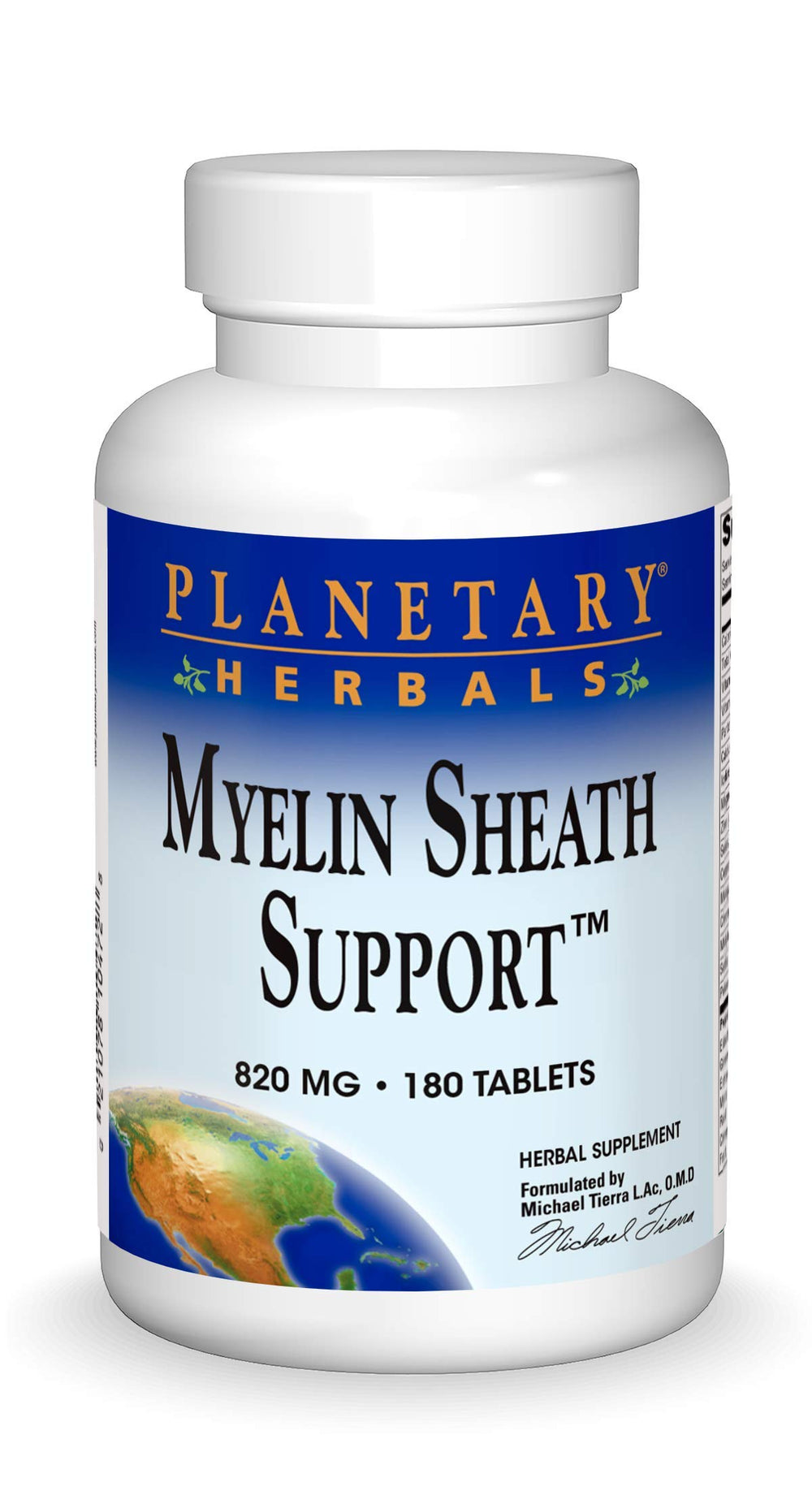 Planetary Herbals Myelin Sheath Support bottle highlighting 820 mg tablets for nervous system support.