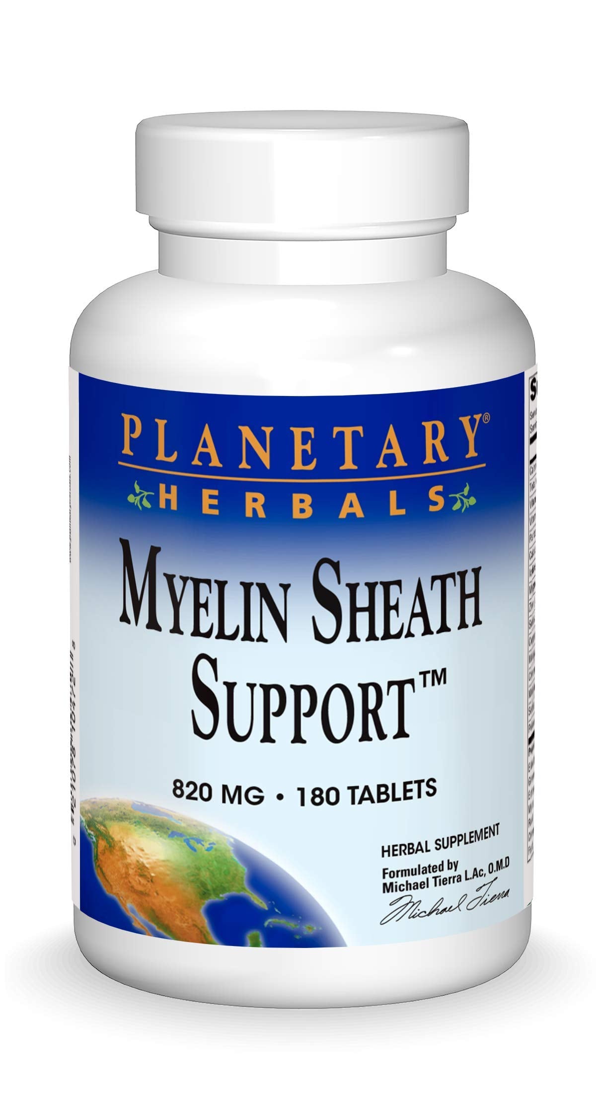 Planetary Herbals Myelin Sheath Support bottle highlighting 820 mg tablets for nervous system support.