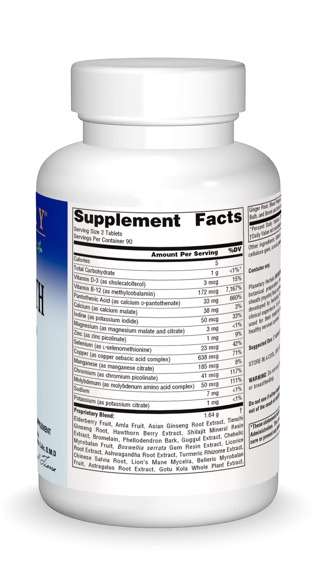 Planetary Herbals Myelin Sheath Support packaging and label emphasizing natural ingredients.