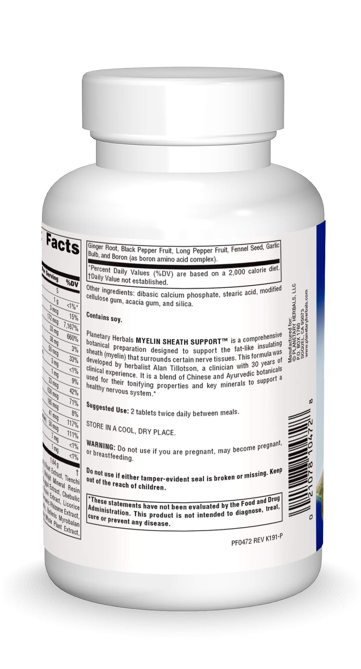 Planetary Herbals Myelin Sheath Support tablets close-up showing herbal-nutrient formula.