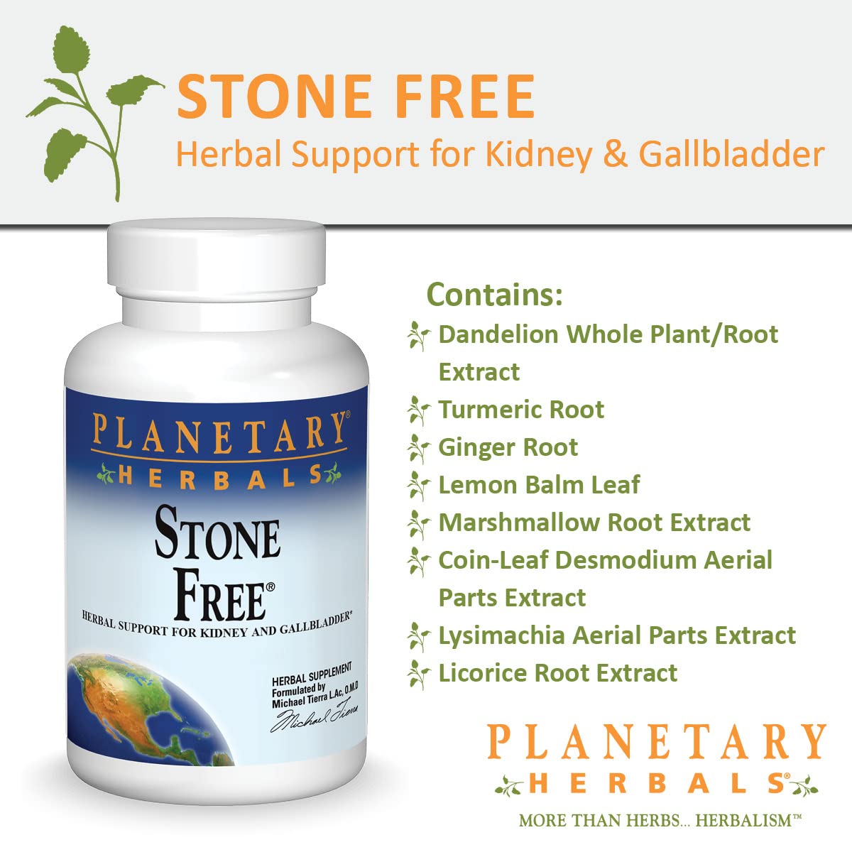 Planetary Herbals Stone Free ingredients scene with dandelion and turmeric.