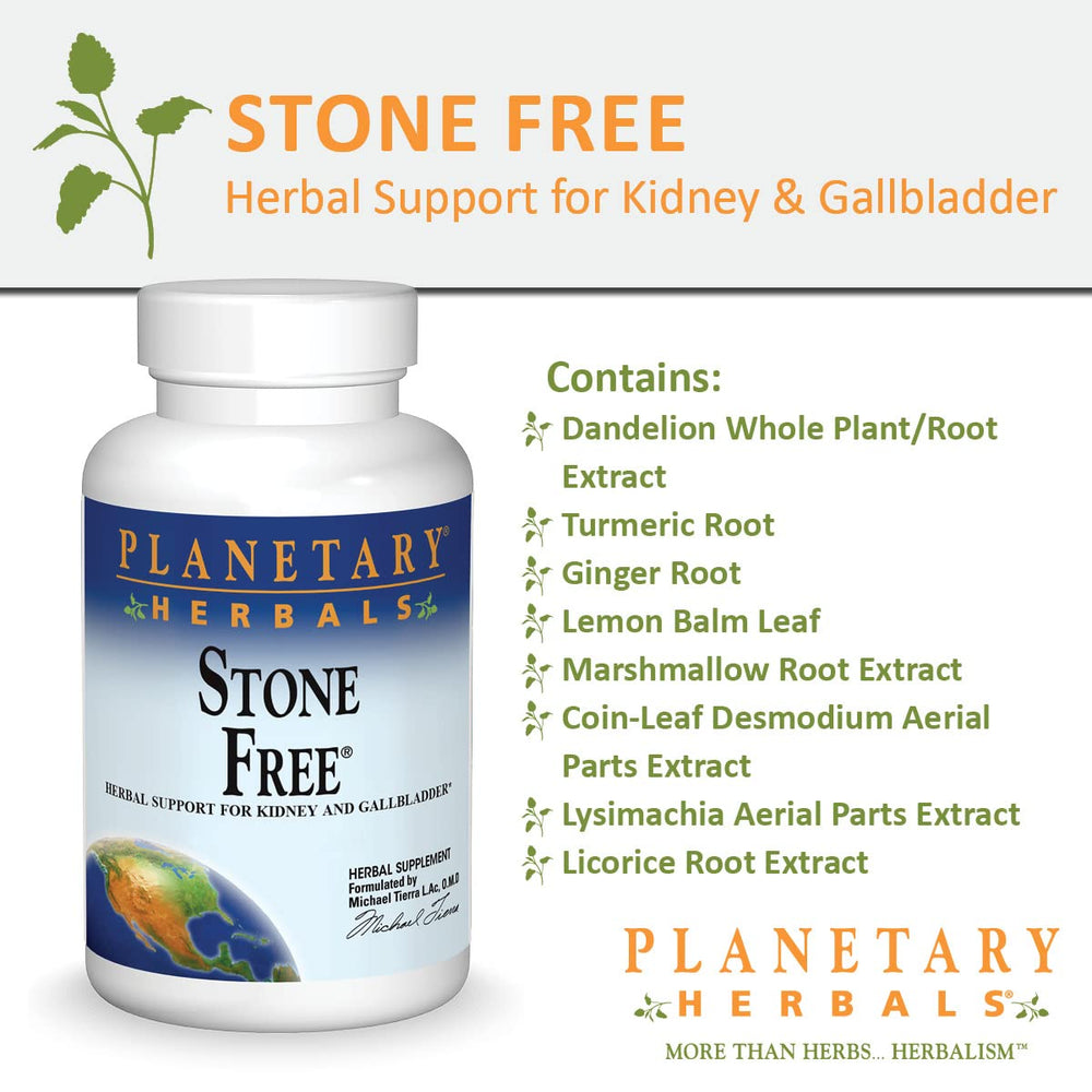 Planetary Herbals Stone Free, mezcla de hierbas visibles para rutina diaria.