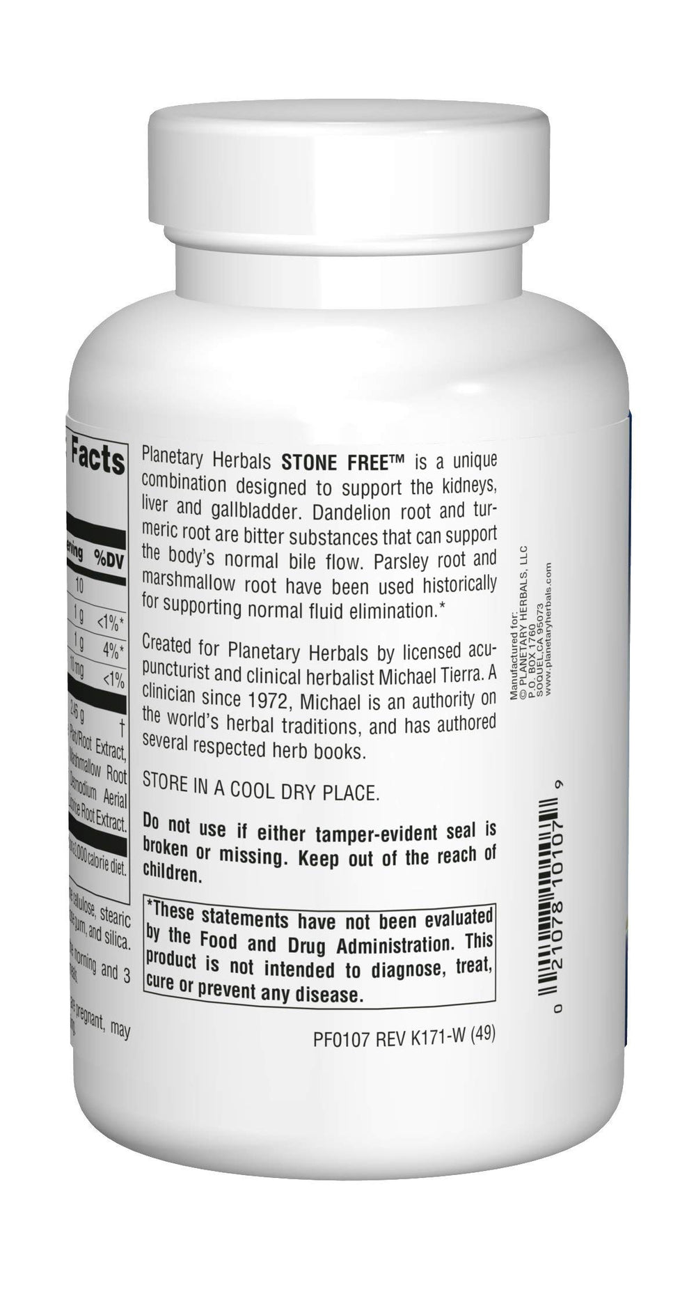 Planetary Herbals Stone Free, tabletas visibles, apoyo digestivo y desintoxicación suave.
