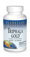 Planetary Herbals Triphala Gold bottle with capsules supports gentle digestive balance.