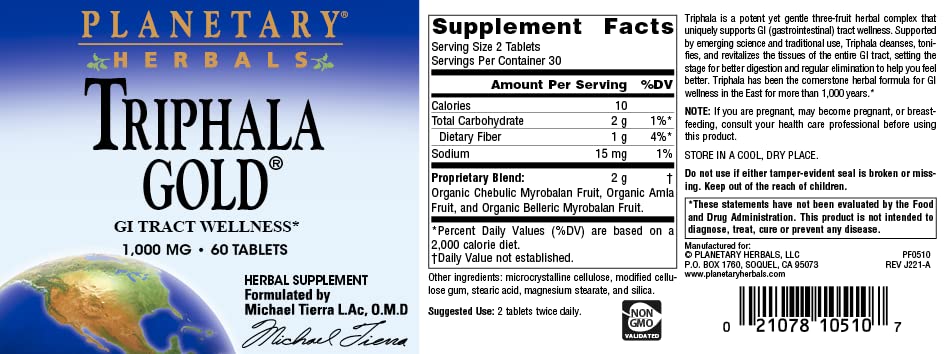 Planetary Herbals Triphala Gold dosage tablets ready for everyday use