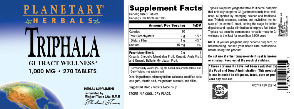 Planetary Herbals Triphala packaging highlights US manufacturing in the USA.