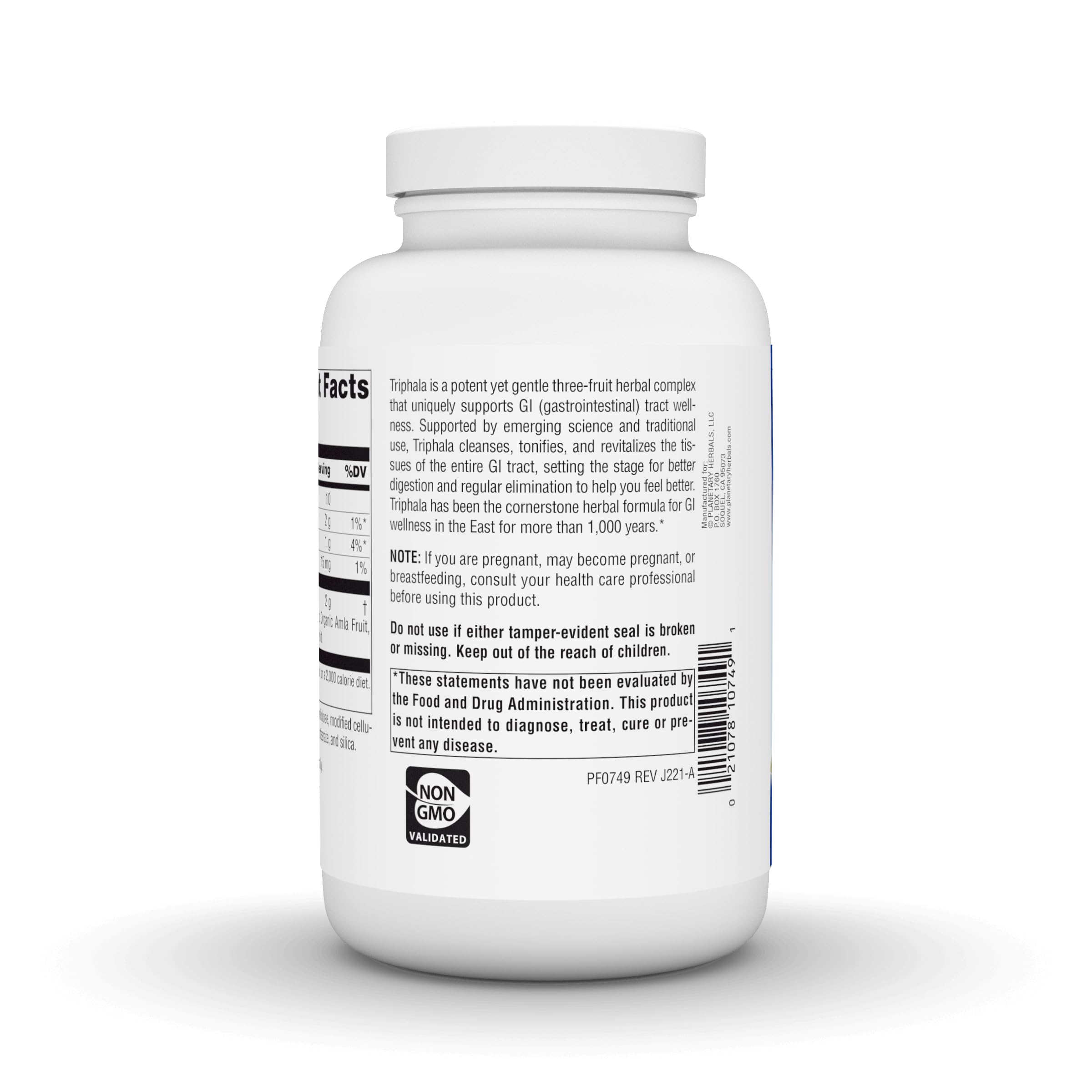 Planetary Herbals Triphala tablets close-up showing easy twice-daily use.