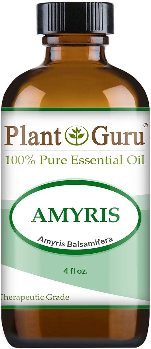 Plant Guru Amyris essential oil label close-up for premium aroma blending.