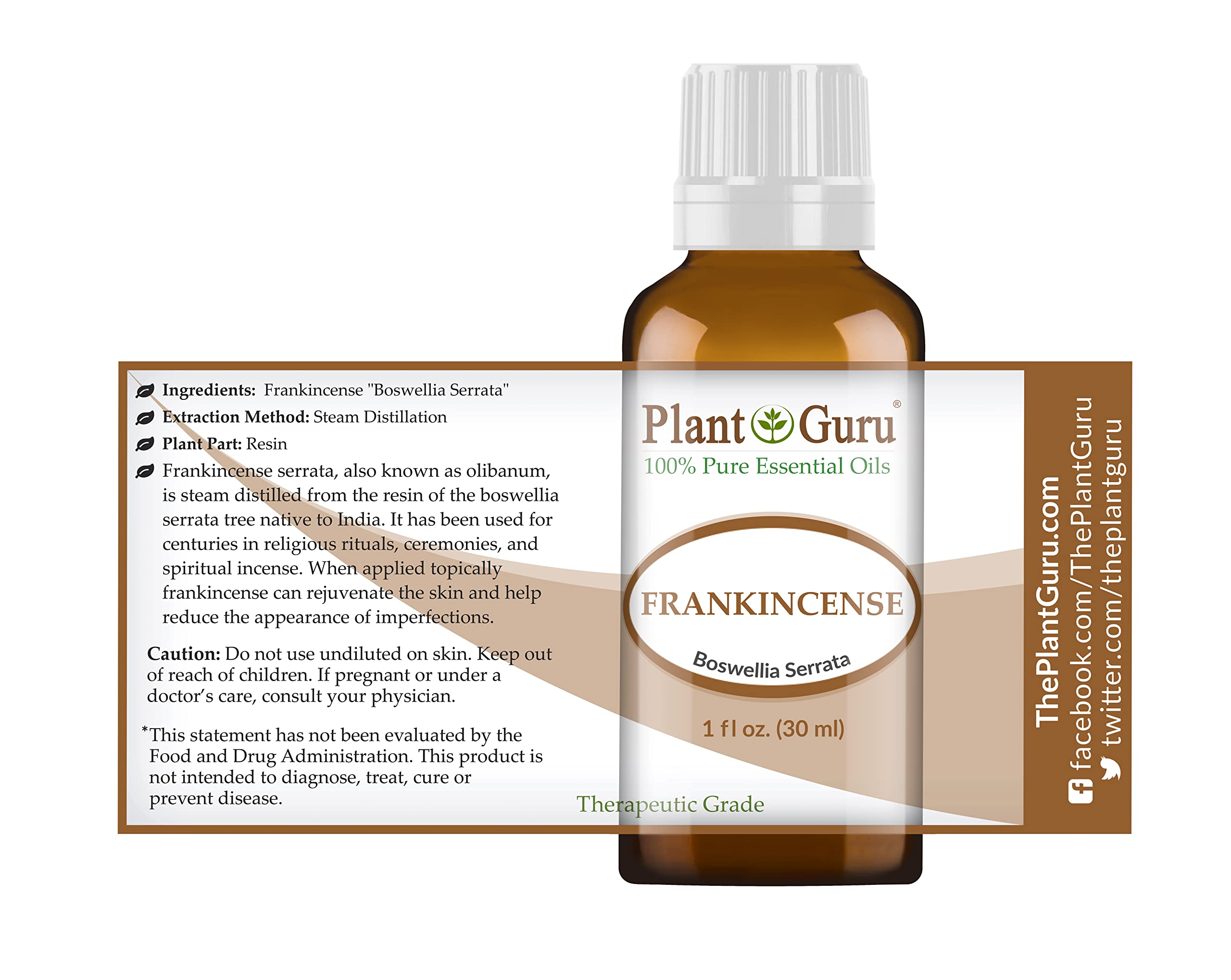 Plant Guru Frankincense essential oil bottle label close-up, ideal for blending with citrus